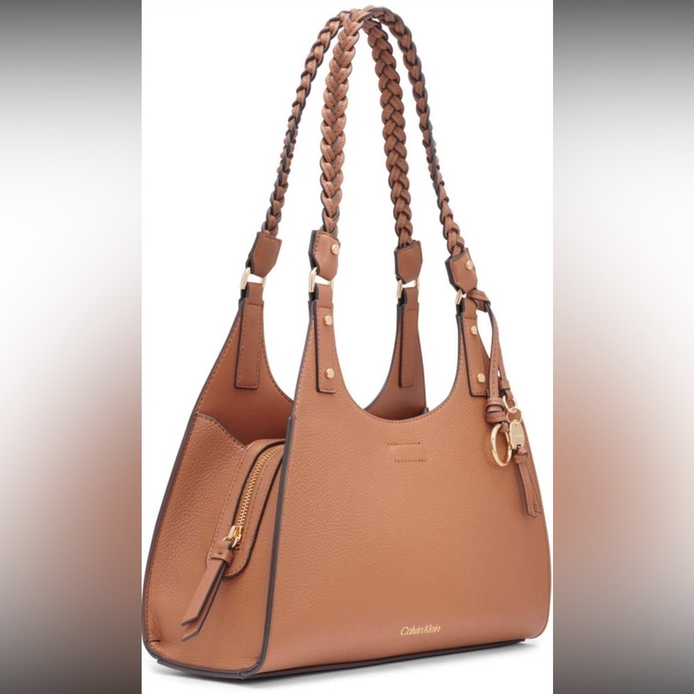 Calvin Klein Tan Leather Braided-Handle Satchel - Picture 2 of 9